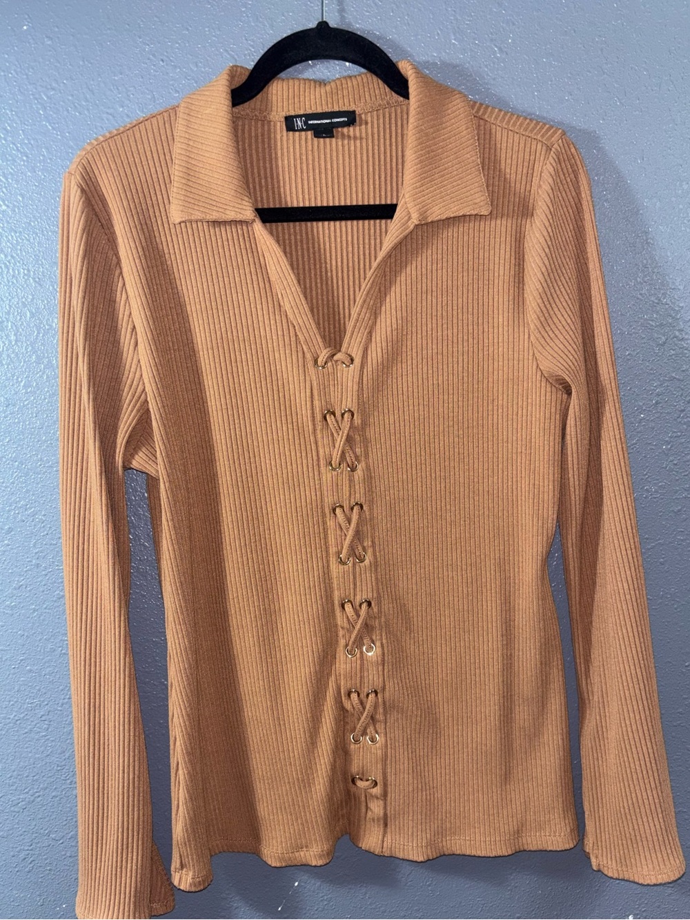INC International Concepts Tan Ribbed Lace-Up Collared Long Sleeve Top